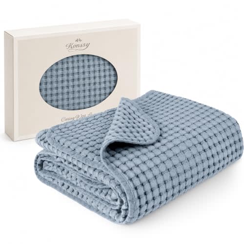 Konssy Waffle Baby Blanket for Boys & Girls, Soft Newborn Swaddle Blanket | Waffle Knit, Cozy Crib Blanket Neutral for Nursery, Stroller & Toddler Bed, Machine Washable, 41" x 37"(Blue)