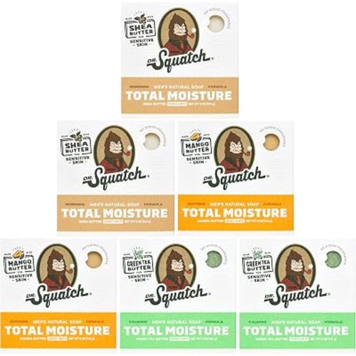 Dr. Squatch Total Moisture Natural Men’s Bar Soap – Non-Drying 2-in-1 Face + Body Soap Bar – Plant-Based Ingredients, Created for All Skin Types – Gifts for Men – 5oz (6-Pack)