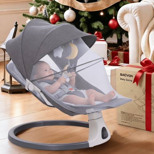 SACVON Portable Baby Swing, 5 Speed & Bluetooth Music, with Remote Control for Indoor Outdoor Use, for Infants 0-6 Months, Dark Gray
