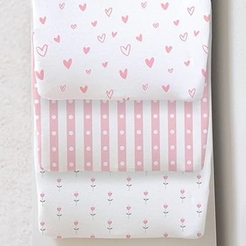 100% Organic Cotton Baby Lounger or Changing Pad Covers with Reenforced Safety Strap Holes. Fits Evolur, Munchkin, Delta, Snuggle Me and More. Multi-Use, Pink for Girl. 3 Pk of Covers Only.