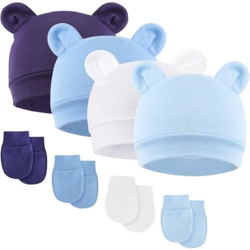 BQUBO Newborn Baby Bear Ears Hats and Mittens Sets Preemie Cotton Caps Baby Boy Girl Infant Hospital Beanie