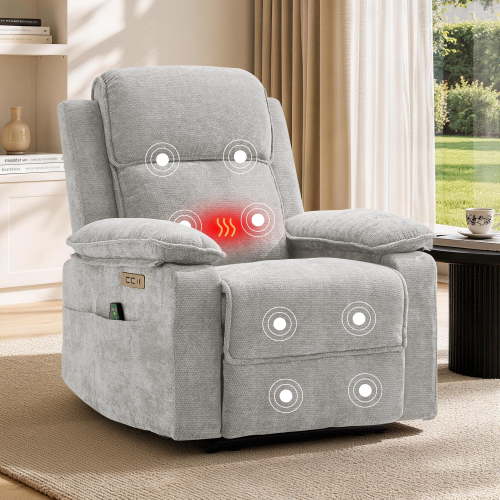 GEEYOO Power Recliner Chair with Massage & Heat,Electric Recliner Chair with USB Ports & Type C for Living Room,Chenille,Light Grey