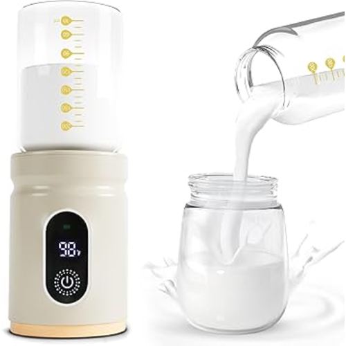 Portable Bottle Warmer,Travel Baby Bottle Heater, Rechargeable Milk Warmer with Glass Bottle for Storing Breastmilk Formula, Quick Heating 4-Level Temperature & Automatic Warm-Keeping