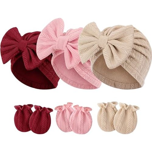 Newborn Baby Hats and Mittens Set Infant Bow Beanie Cap Toddler Gloves Newborn Hospital Hats for Baby Boy Girl 0-12 Months