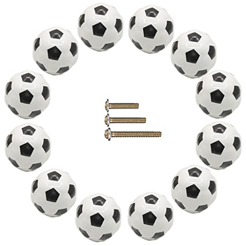 ESreake Heavy Ceramic Soccer knobs Football Knobs, 12 Pack Ball Sports Party Theme Children and Baby Home Decor Drawer Knobs Pulls Handles for Dresser Cupboard Wardrobe Cabinet Kitchen (12, Soccer-w)