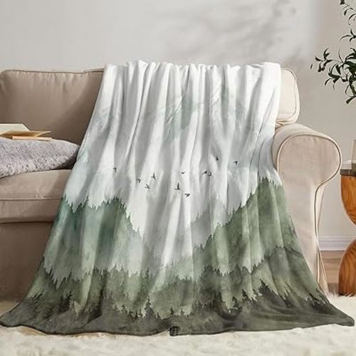 Neasow Watercolor Mountain Forest Fleece Throw Blanket, Nature Misty Foggy Sage Green Tree Landscape Art Nap Blankets Gift Sofa Bed Couch Chair or Dorm Throws 50×60 inches