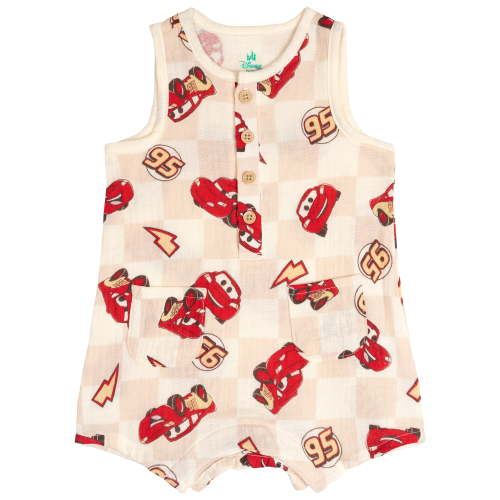 Disney Cars Baby Boys' Sleeveless Button-Front Pajama Romper Beige Gingham Lightning McQueen