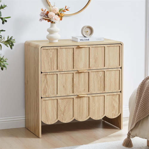 Modern Wood 3 Drawer Dresser Storage Cabinet with Wave Fluted Drawer