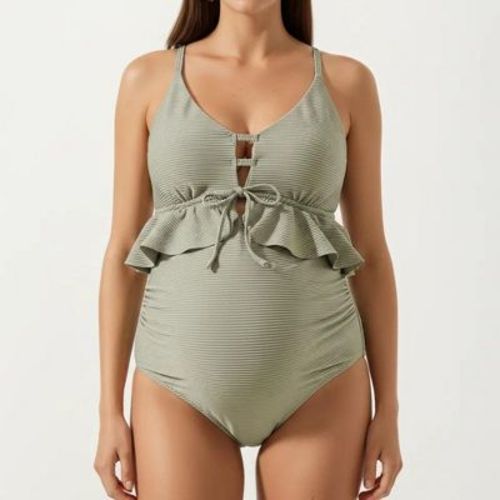 Anna-Kaci Swim Women's Maternity One-Piece Swimsuit with Ruffle Trim and Front Tie Detail - Small, Green