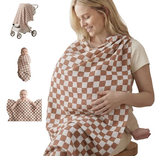 Blissful Diary Muslin Multi-Use Cloth - 4-in-1 Privacy Nursing Cover, Swaddle Blanket, Car Seat Cover, Burp Cloth, Portable Breastfeeding Essentials for Women, Baby Must Have (Brown Checkboard)