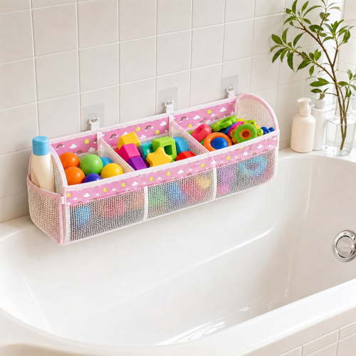 Large Bath Toy Organizer – 3 Compartment Bath Toy Holder for Bathtub & Shower – Quick-Dry Mesh with 3 Strong Adhesive Hooks – Kids Toys Storage Net for Bathroom, shower & Tub