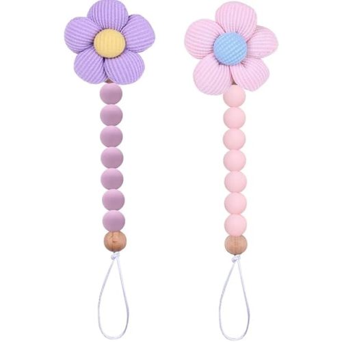 2pcs Flower Pacifier Clip, Silicone Bead Pacifier Clip for Baby Girls Pink Purple Color Daisy Birthday Christmas Gift(B)