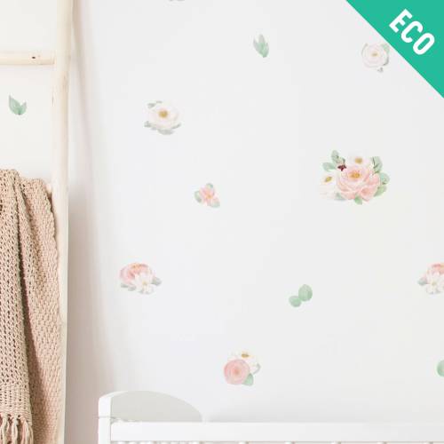 Spring bloom pink roses & peonies wall decals, Plastic-free wall stickers for kids and grown-ups