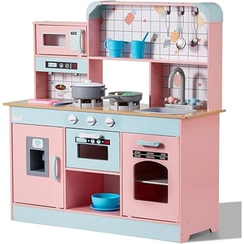 VEVOR Wooden Play Kitchen Toy, Play Kitchen for Kids with Lights and Sounds, Toddler Kitchen with Ice Maker, Oven, Sink, Microwaves, Fridge and Utensil and Fruit Accessory for Toddlers, Pink
