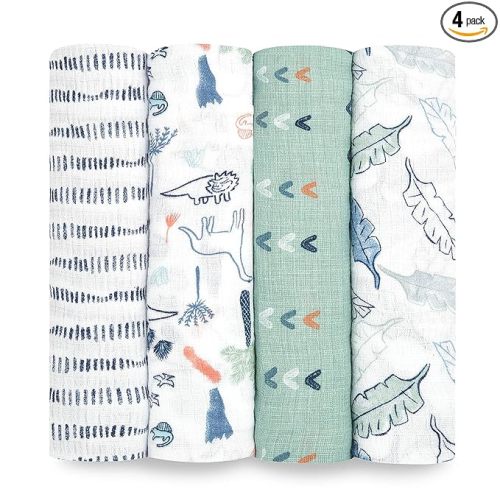 aden + anais Essentials Swaddle Blanket, Muslin Blankets for Girls & Boys, Baby Receiving Swaddles, Newborn Gifts, Infant Shower Items, Wearable Swaddling Set, 4 Pk, Dinotime