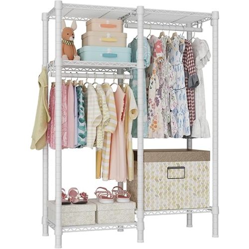Ulif F1 Garment Rack for Kids, Baby, Students, and Children's Room, 4 Tiers Freestanding and Portable Heavy Duty Closets, Small Metal Clothes Rack with 2 Hanging Rod, 31.2" W x 11.8" D x 48" H, White