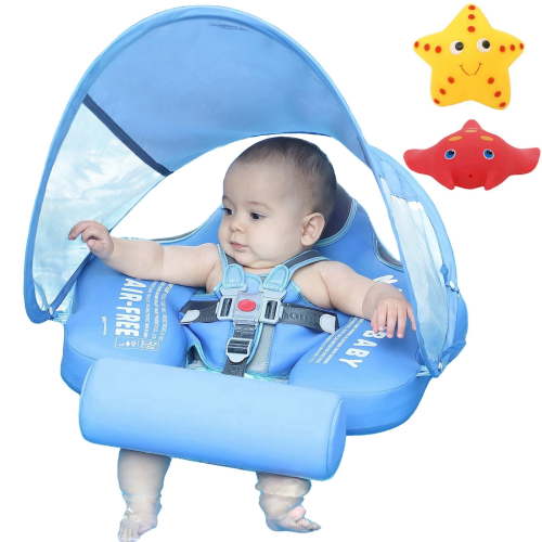 Mambobaby Non-Inflatable Baby Pool Float with Tail and Canopy UPF 50+ Sun Protection No Flip Over Infant Swim Float Skin-Friendly Mambo Float Swim Trainer Solid Baby Swimming Ring Foldable Style