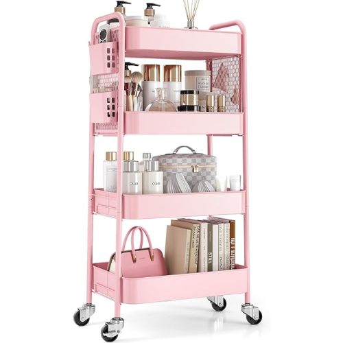 TOOLF 4 Tier Rolling Cart, Metal Utility Storage Cart with Pegboard, Pink