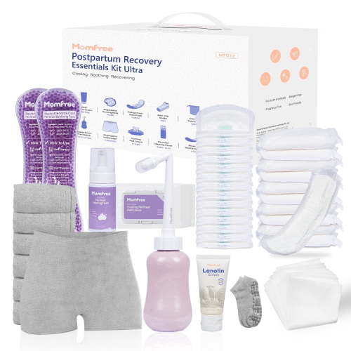 Momfree Postpartum Recovery Kit, 11 Piece, Peri Bottle, Maxi Pads, Nursing Pads, Disposable Underwear, Witch Hazel Liners, Lanolin Cream, Hospital Bag