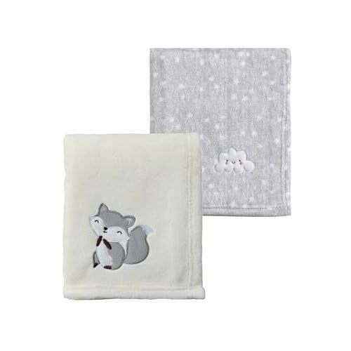 CREVENT 2Pcs 30''X40'' Cute Cozy Fluffy Warm Baby Blankets for Infants Toddlers' Bedding Crib Cot Stroller - Grey Cloud + Fox