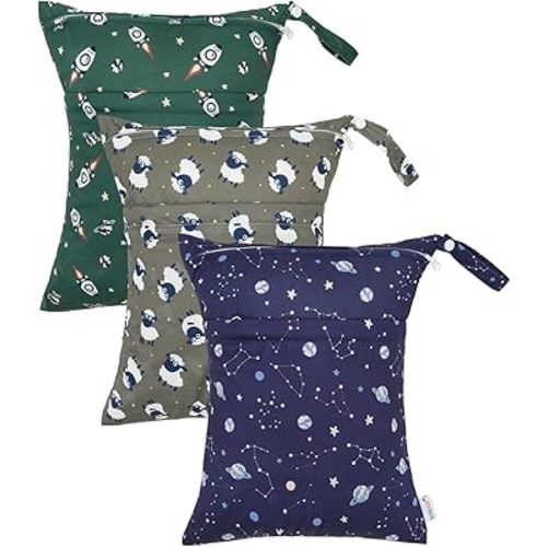 ALVABABY 3pcs Cloth Diaper Wet Dry Bags Waterproof Reusable with Two Zippered Pockets Travel Beach Pool Daycare Soiled Baby Items Yoga Gym Bag for Swimsuits or Wet Clothes 3L-ZM32