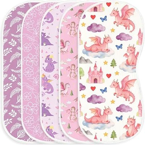5 Pack Baby Burp Cloths, Soft Cotton Pink Dragon & Fairy Theme Burp Cloths, Super Absorbent Cute Mythical Creature Print Washcloths, Newborn Baby Girl Essentials Gift Set