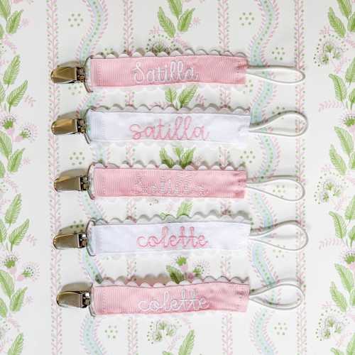 Custom Embroidered Pink Pacifier Clip - Girl Baby Shower Gift