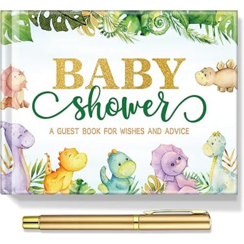 Fuyoooo Dinosaur Baby Shower Guest Book Baby Shower Sign in Guest Book Reception with Baby Sonogram Page Keepsake Includes Gold Pen Table Card and Adhesive Photo Corner for Birthday