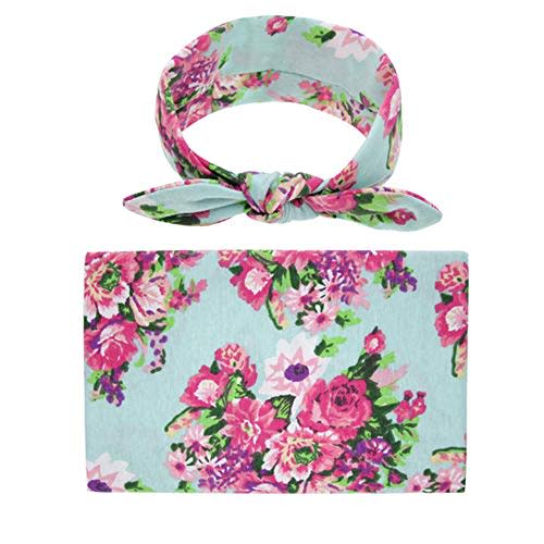 FasterS Infant Floral Swaddle Wrap with Headbands Hats Value Set Newborn Receiving Blanket Photography Props 35X35inch (Turquoise Blue)
