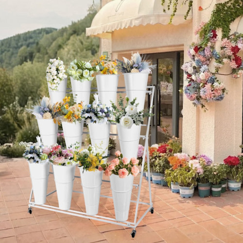 Flower Display Stand with 12 Buckets, 3 Layers Flower Cart White Metal Flower Bar Stand with Wheels, Moving Florist Bouquet Shelf for Weddings Florist Indoor Outdoor Patio Garden Living Room