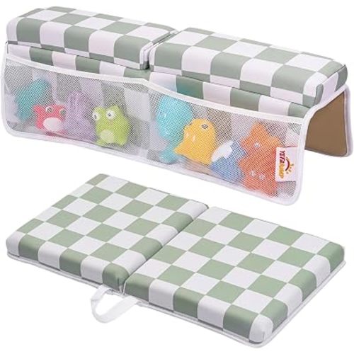 Bath Kneeler and Elbow Rest Pad Set - 1.5'' Thick Baby Bath Kneeler Pad, Foldable Memory Foam Kneeling Pad (Green Checkerboard Pattern)