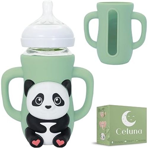 Silicone Bottle Sleeve for 8oz Philips Avent Natural Glass Bottle | Drop Protector + Easy Grip Handles | BPA Free Safe Material | Baby Bottle Not Included | Green Panada