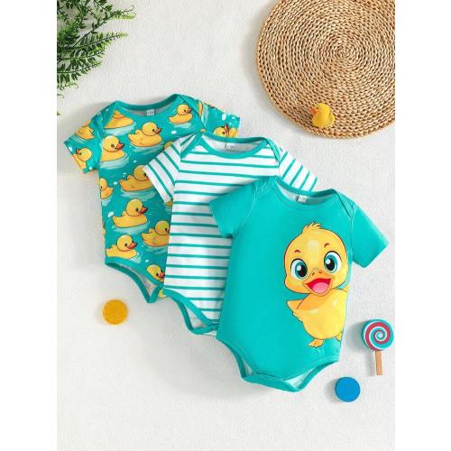 3pcs/Set Newborn Baby Cute Duck Print Outdoor Casual Bodysuit, Short Sleeve Summer Bodysuit | SHEIN USA