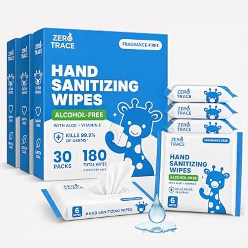 Zero Trace Hand Sanitizer Wipes Bulk – Travel Size, Alcohol-Free, Fragrance-Free – Kills 99.9% of Germs – Safe for Kids & Adults – 180 Wipes (30 Packs of 6) – TSA Approved, Pocket-Friendly