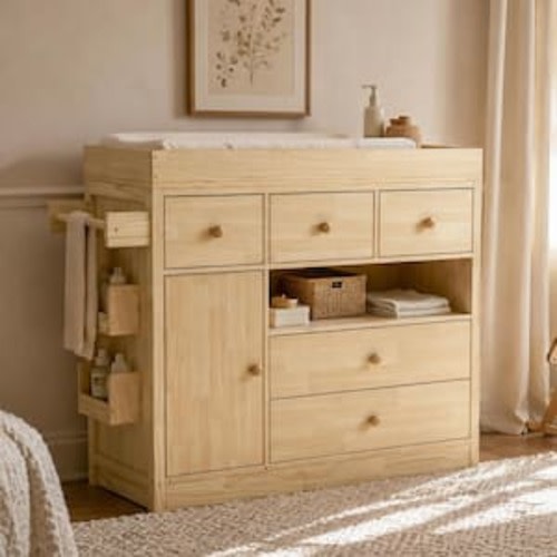 Natural Changing Table with 4 Storage Drawers, Side Shelves, Towel Bar, Cabinet, Guard Rails for Nursery Diaper Changing