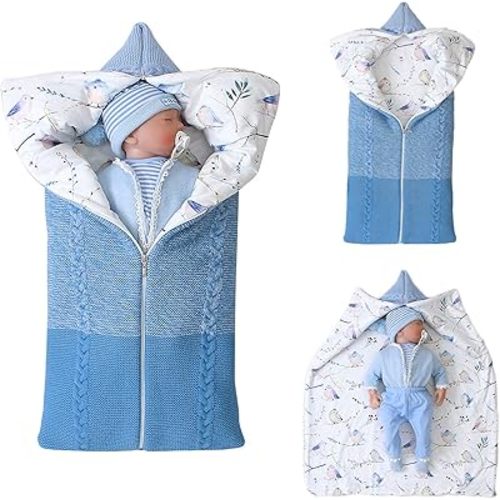 Newborn Baby Swaddle Blanket, Thick Warm Strollers Knit Blanket Plus Velvet, Baby Kid Toddler Fleece Sleeping Bag Sleep Sack Stroller Warp for Baby Girl or Boy (Blue 1270)
