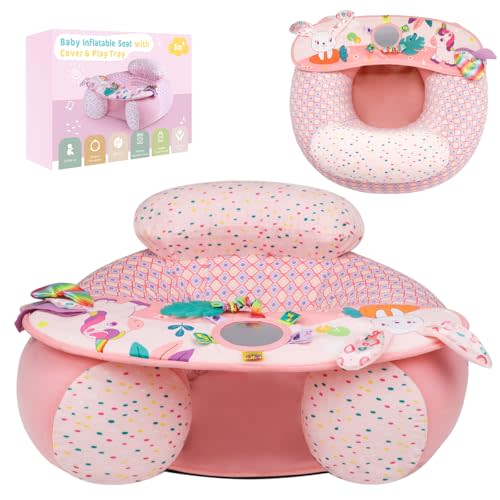 Blublu Park Baby Donut Sit Me Up Floor Seat for 3-36 Months, Inflatable Baby Seat with Cover, Activity Chair for Sitting up, Sensory Tray Suitable for Development, Unicorn