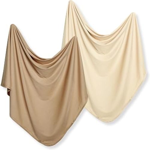 Hooyax 2 Pack Ribbed Knit Swaddle Blankets, Soft& Stretchy Knit Newborn Swaddle Wrap, Lightweight Infant Receiving Blanket for Baby Boys Girls (Beige, Camel)