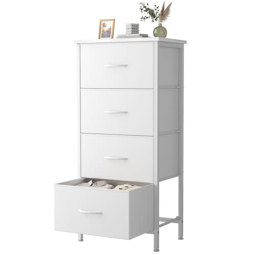 Sweetcrispy Dresser for Bedroom, 4 Drawer Storage Cabinet, Tall Nightstand | Small Fabric White Dresser for Closet, Chest of Drawers, Closet Organizer, Home Furniture, Sturdy Frame
