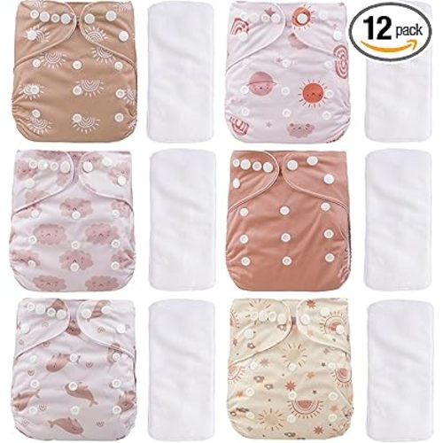 CoolaPeach 12 Set Reusable Adjustable Cloth Diapers for Newborn to 0-3 Years,One Size Washable Pocket Nappy Covers for Baby Girl and Boy,6 Pack Cloth Diapers+6pcs Microfiber Inserts(Pink)