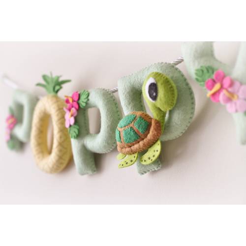 Baby name sign, Tropical nursery decor, sea turtle and pineapple nursery, Hawaiian nursery decor, felt name banner, baby shower gift