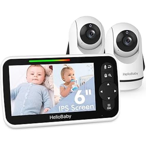 HelloBaby Video Baby Monitor with Upgraded 6” IPS Large Screen, Split Screen with 2 Cameras, Night Vision and Temprature Monitoring, Remote Pan-Tilt-Zoom Camera, No-WiFi