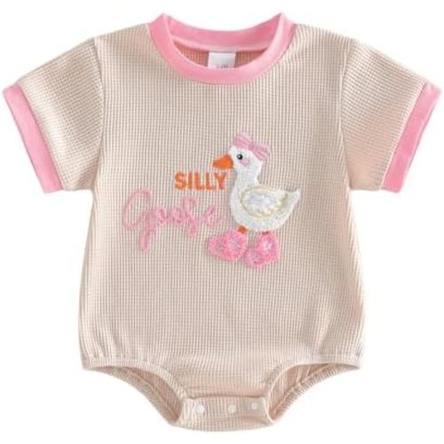 Infant Baby Girl Goose Summer Romper Letter Goose Embroidery Short Sleeve Round Neck Cute Waffled Bodysuit