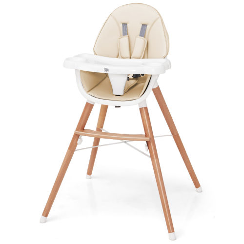 Baby Joy Wooden High Chair with 4-Gear Double Tray - Beige