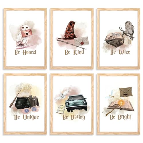 6 pcs Vintage Magic Canvas Wall Art Express Train Owl Magic Castle Picture Wall Decor Magic Lovers Kind and Honest Posters Print Artwork for Kids' Baby Nursery Home Decoration (Magic Girls, L8''×W10'')