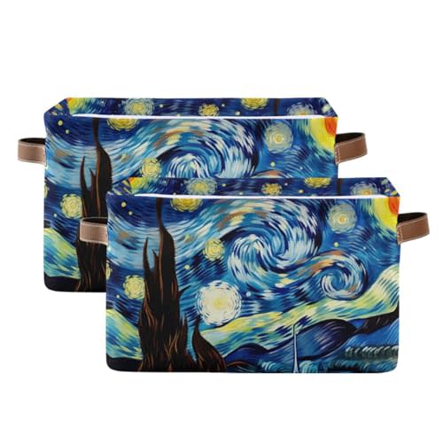 YEGAME Storage Basket Starry Night Rectangular Collapsible Canvas Shelves Storage Bins with Leather Handles for Shelves Home Closet Bedroom Living Room, 2Pack