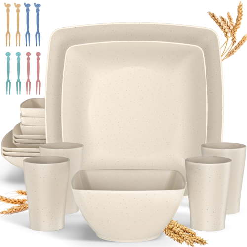 GPED 24 Pcs Wheat Straw Square Dinnerware Sets For 4, Unbreakable Dish Sets, Reusable Plates and Bowls Sets, Dinner Plates, Travel Camping Cutlery Set, Dishwasher Microwave Safe, Beige