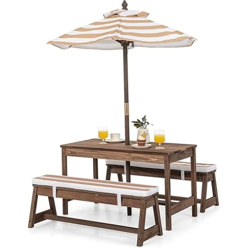 HONEY JOY Kids Picnic Table, Outdoor Wooden Table & Bench Set w/Removable Cushions and Umbrella, Stripe Fabric, Children Backyard Furniture for Patio Garden, Gift for Toddler Boys Girls Age 3+(Coffee)