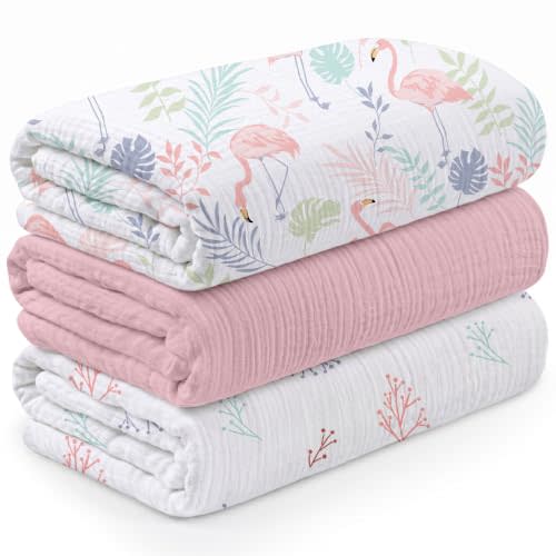 Muslin Swaddle Blankets for Newborn, 3 Pack Breathable Soft Receiving Blanket, Large 38 x 40 inches Swaddle Wrap Burping Clothes, Essentials Infant Shower Items, Toddler Gift (Pink Flamingo)
