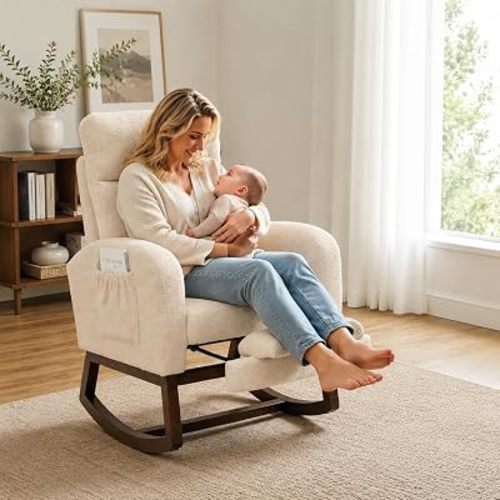 Upholstered Nursery Rocking Chair with Footrest & Side Pocket